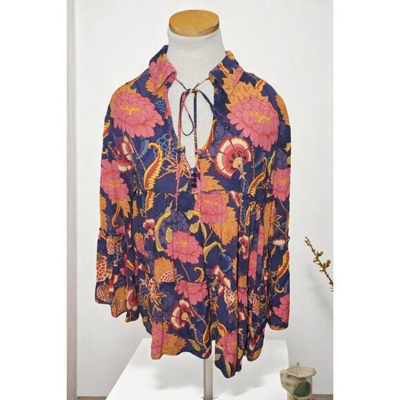 Jamsé Boho Floral Tunic Top – Handcrafted India – Purple Pink Orange Peasant - Picture 2 of 6